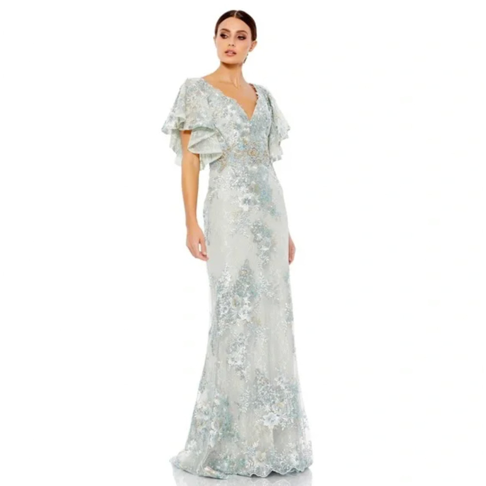 Mac Duggal Pale Blue Floral Embellished Maxi Gown